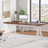 Modern Executive Office Desk – 78” Large Computer Desk with Rustic Wood Top & White Metal Frame, Luxury Workstation for Home Office or Studio