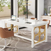 Modern White Conference Table – Large Rectangular Office Meeting Table with Glossy Top & Gold Metal Legs