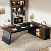 L-Shaped Luxury Executive Table – Large Office Desk with Drawers, File Cabinet & Storage, Walnut & Black Finish, Spacious Workstation for Home Office"