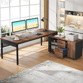 L-Shaped Executive Desk with 55" File Cabinet – Large Home Office Desk with Storage, Walnut & White Finish, Spacious Workstation with Drawers