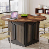 Stylish Round Office Conference Table – 4-Person Meeting Table with Rustic Brown Wood Top & Black Base