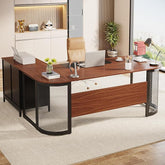 L-Shaped Executive Desk with 31” File Cabinet – Large Home Office Workstation with Drawer & Storage Shelves, Business Computer Desk Furniture