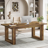 Executive Computer Desk – Large Rustic Brown Office Desk with Solid Wood Base | Modern Writing Table & Workstation for Home Office