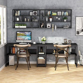 Double Computer Desk with Bookshelf – Two-Person Workstation, Rustic Writing Desk for Home Office (Black)