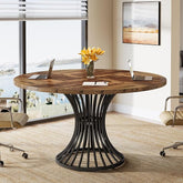 Round Conference Table – Industrial Office Meeting Table for 4–6 People with Rustic Wood Top & Metal Base