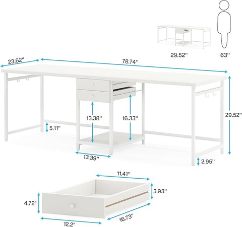 OfficeIn 78.74” Two-Person Desk with Drawers & Shelves – Extra Long Double Computer Desk, Industrial Workstation for Home Office & Gaming (White)