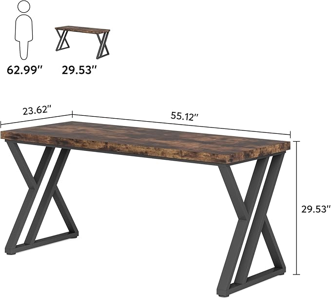 OfficeIn 55” Writing Desk – Heavy-Duty Computer Desk with Z-Shaped Metal Legs, Modern Home Office Study Table, Rustic Brown