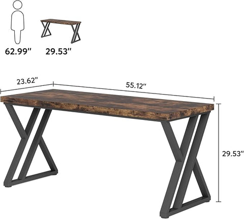 OfficeIn 55” Writing Desk – Heavy-Duty Computer Desk with Z-Shaped Metal Legs, Modern Home Office Study Table, Rustic Brown