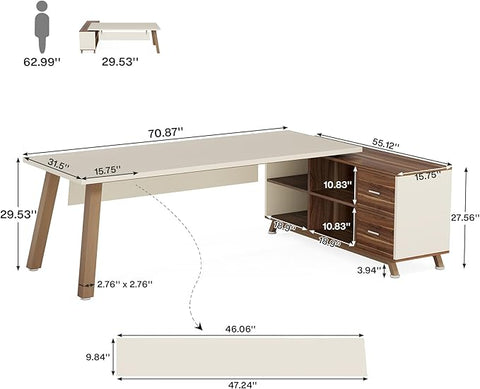 OfficeIn 71” L-Shaped Executive Desk with 55” Cabinet – Large Office Desk with Storage Shelves, Modern Computer Desk for Home Office, Walnut & White