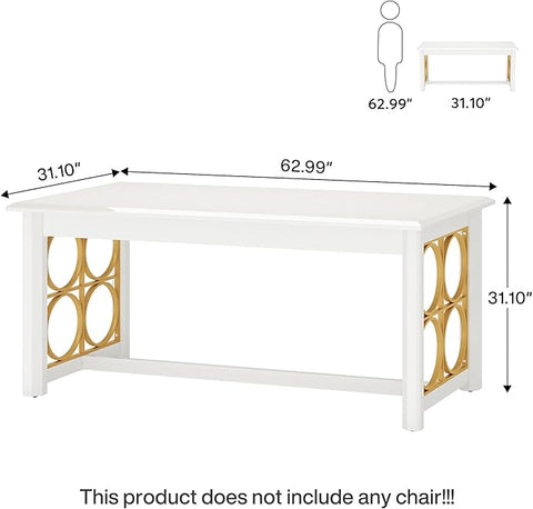 OfficeIn 63" Conference Table – Rectangular Meeting Table with Sturdy Gold Legs & Glossy Surface, Seminar Table for Office & Conference Room, White & Gold