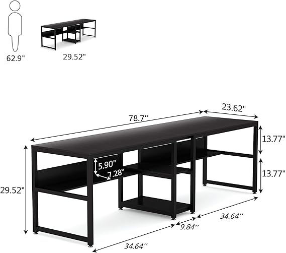 Double Computer Desk with Bookshelf – Two-Person Workstation, Rustic Writing Desk for Home Office (Black)