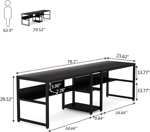 Double Computer Desk with Bookshelf – Two-Person Workstation, Rustic Writing Desk for Home Office (Black)