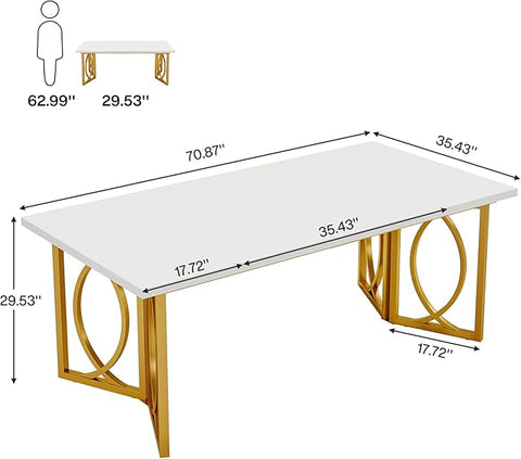 OfficeIn 70.9” Modern Home Office Desk – Large Wood Computer Desk with Gold Metal Frame, Simple Study Writing Table Workstation for Bedroom & Office, White/Gold