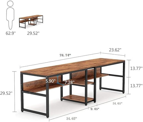 OfficeIn Two-Person Desk with Bookshelf – 78.7” Double Workstation for Home & Office