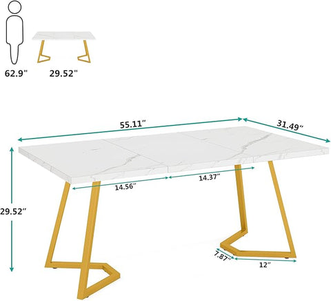 OfficeIn 55” Modern Gold Computer Desk – White & Gold Home Office Desk with Metal Legs, Faux Marble Writing Table for Small Spaces & Bedroom
