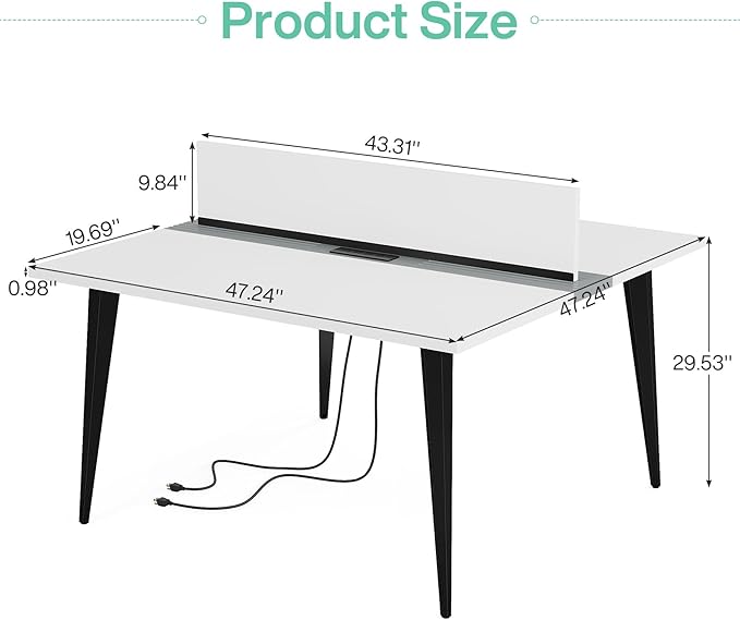 OfficeIn 47” Square Office Desk with Power Outlet – Modern 2-Person Desk with Tabletop Divider for Home Office, White