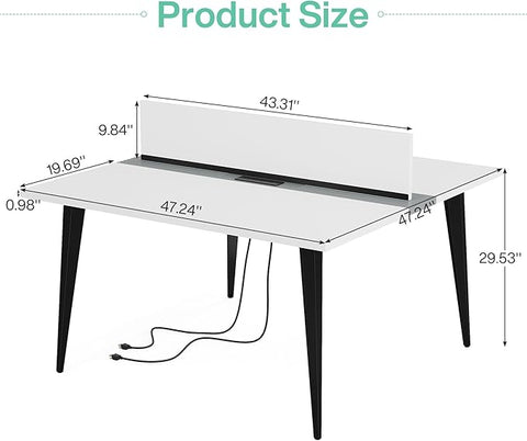OfficeIn 47” Square Office Desk with Power Outlet – Modern 2-Person Desk with Tabletop Divider for Home Office, White