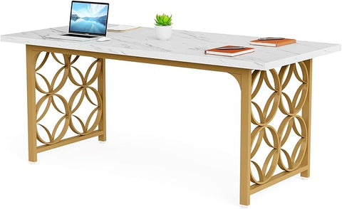 White & Gold Conference Table – Modern Office Meeting Desk for 4-6 People | Elegant Boardroom Furniture