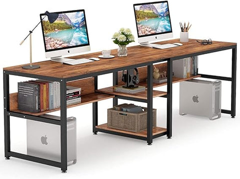 OfficeIn Two-Person Desk with Bookshelf – 78.7” Double Workstation for Home & Office