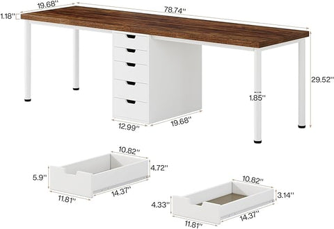 Extra Long Double Computer Desk – Two-Person Workstation with 5 Drawers, Modern Home Office Study Writing Table (Brown/White)