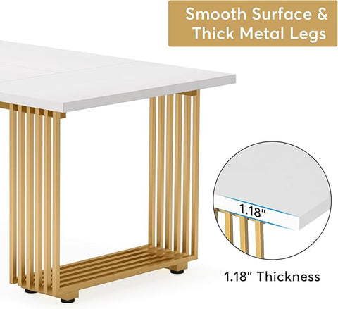 OfficeIn 70.9” Modern Executive Desk – White Computer Desk with Gold Metal Legs, Large Home Office Workstation, Study Writing Table, Small Conference Table