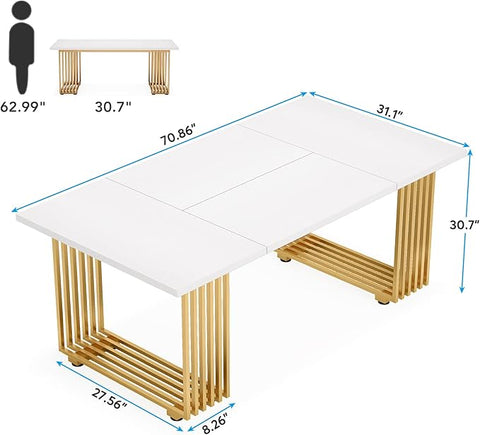 OfficeIn 70.9” Modern Executive Desk – White Computer Desk with Gold Metal Legs, Large Home Office Workstation, Study Writing Table, Small Conference Table