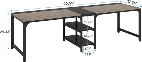 OfficeIn 90.55” Extra Long Double Desk with Storage Shelves – Two-Person Workstation, Spacious Computer Desk for Home Office (Black & Gray)