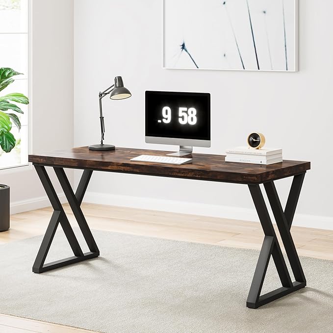 OfficeIn 55” Writing Desk – Heavy-Duty Computer Desk with Z-Shaped Metal Legs, Modern Home Office Study Table, Rustic Brown