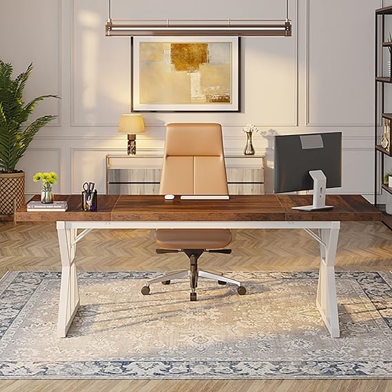 OfficeIn 70.8" Executive Desk – Large Modern Office Workstation (Brown/White)