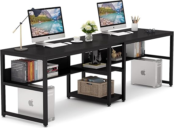 Double Computer Desk with Bookshelf – Two-Person Workstation, Rustic Writing Desk for Home Office (Black)