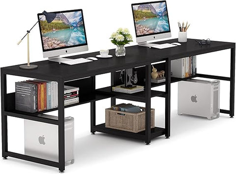 Double Computer Desk with Bookshelf – Two-Person Workstation, Rustic Writing Desk for Home Office (Black)