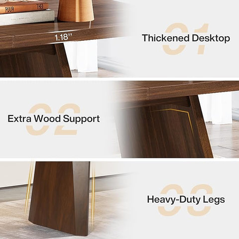 Solid Wood Executive Desk – Large Industrial Home Office Desk, Sturdy Business Workstation & Conference Table in Brown Finish