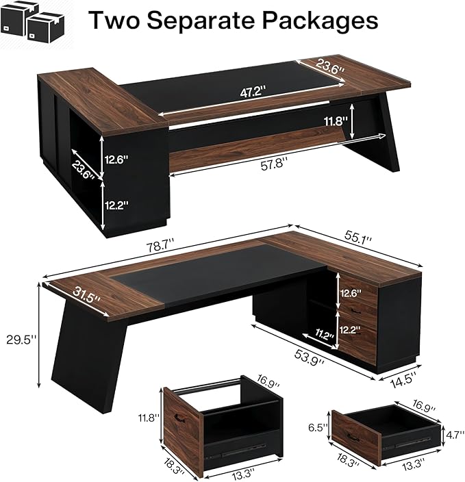 OfficeIn 78" L-Shaped Executive Desk – Large Office Desk with Drawers, File Cabinet & Storage, Walnut & Black