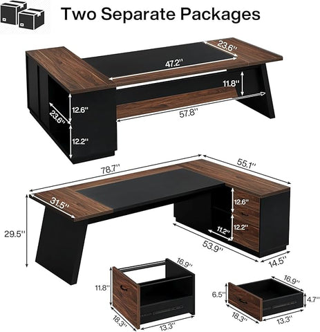 OfficeIn 78" L-Shaped Executive Desk – Large Office Desk with Drawers, File Cabinet & Storage, Walnut & Black