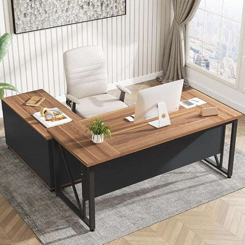 OfficeIn 63” Executive Desk & 47” Lateral File Cabinet – L-Shaped Home Office Desk with Drawers & Storage Shelves, Business Furniture, Brown & Black