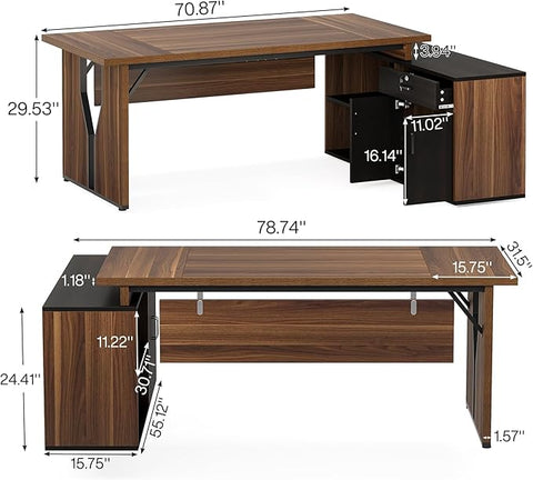 L-Shaped Executive Office Desk with Cabinet – Large Computer Desk with Locking Drawer & Storage Shelves | Business Workstation for Home Office