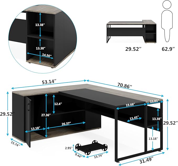 OfficeIn 71" L-Shaped Executive Desk with Cabinet Storage – Business Office Table with Shelves, Modern Workstation for Home Office, Gray