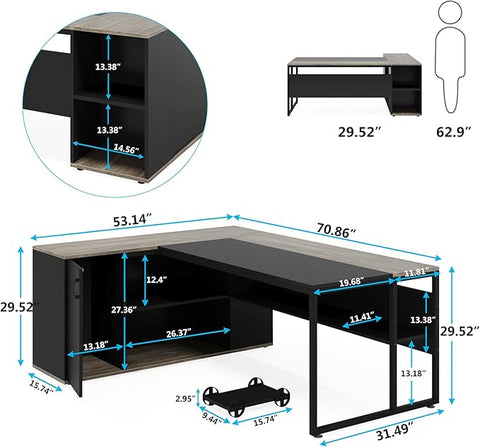 OfficeIn 71" L-Shaped Executive Desk with Cabinet Storage – Business Office Table with Shelves, Modern Workstation for Home Office, Gray