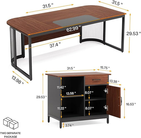 OfficeIn 63” L-Shaped Executive Desk & 31” File Cabinet – Home Office Desk with Drawer & Storage Shelves, Large Computer Workstation Business Furniture