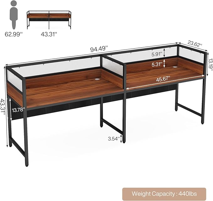 OfficeIn 94.48" Two-Person Office Desk with Privacy Panel – Long Modular Workstation Desk with Wire Grommet, Brown & Black