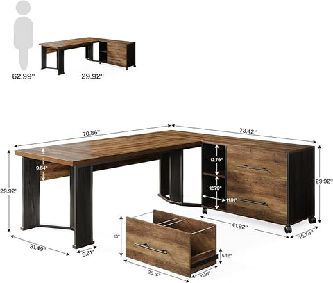 OfficeIn 70.86” L-Shaped Executive Desk with Mobile File Cabinet – Large Office Desk with Drawers & Storage Shelves, Business Workstation for Home Office, Brown & Black