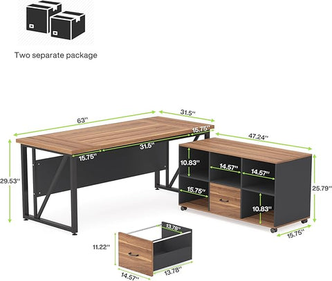 OfficeIn 63” Executive Desk & 47” Lateral File Cabinet – L-Shaped Home Office Desk with Drawers & Storage Shelves, Business Furniture, Brown & Black