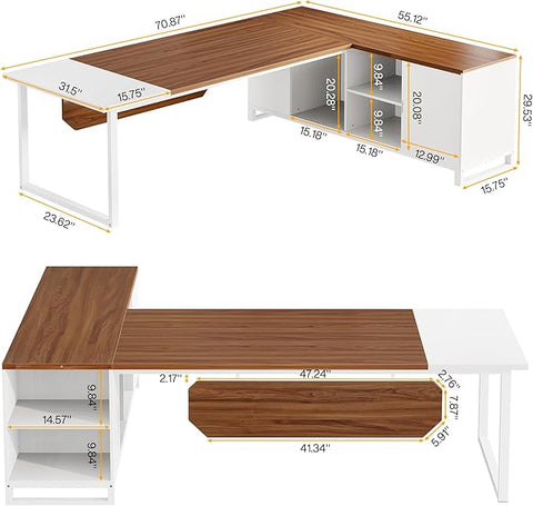 OfficeIn 70.8" L-Shaped Executive Desk with 55" File Cabinet – Large Home Office Desk with Storage, Walnut & White