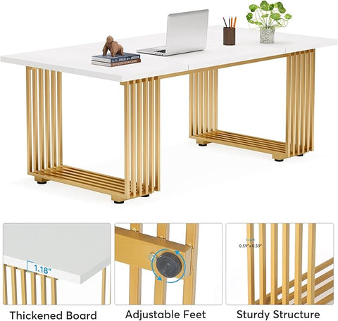OfficeIn 70.9” Modern Executive Desk – White Computer Desk with Gold Metal Legs, Large Home Office Workstation, Study Writing Table, Small Conference Table