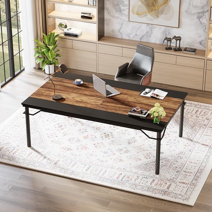 OfficeIn 78.74” Executive Desk – Extra Large Computer Desk Workstation, Modern Business Furniture for Home Office, Rustic Brown/Black