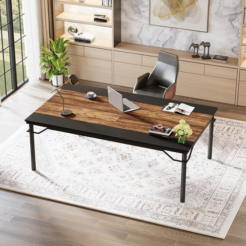 OfficeIn 78.74” Executive Desk – Extra Large Computer Desk Workstation, Modern Business Furniture for Home Office, Rustic Brown/Black