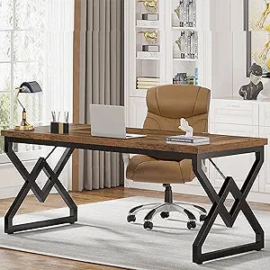OfficeIn 63" Industrial Executive Desk – Heavy-Duty 300 lb Capacity, Vintage Brown & Black
