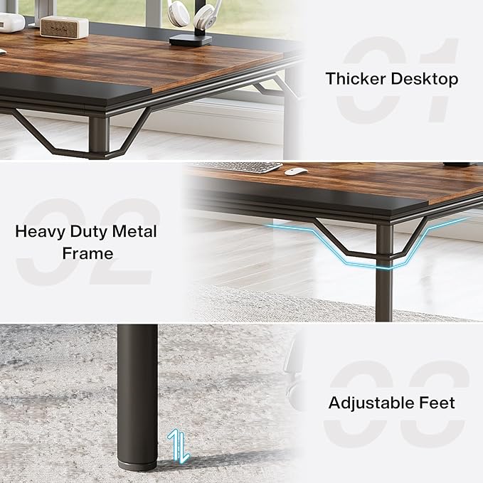 OfficeIn 78.74” Executive Desk – Extra Large Computer Desk Workstation, Modern Business Furniture for Home Office, Rustic Brown/Black