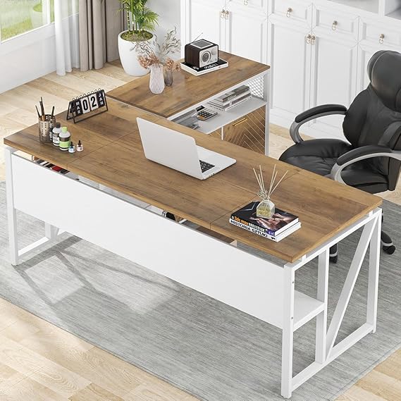 OfficeIn 63" L-Shaped Executive Desk & File Cabinet – 2-Piece Home Office Set, Walnut