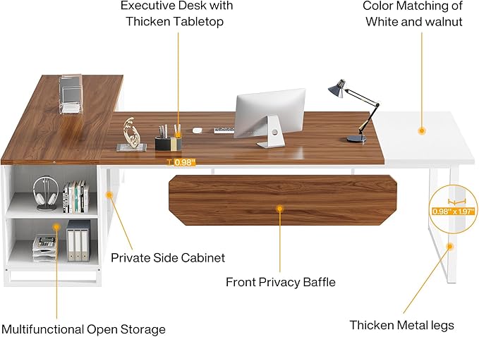 OfficeIn 70.8" L-Shaped Executive Desk with 55" File Cabinet – Large Home Office Desk with Storage, Walnut & White